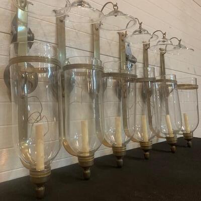 Brass and Hurricane Glass Wall Sconce Lanterns with Lid, Set of Six (6)