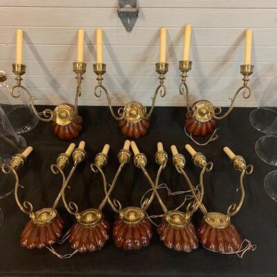 Antique French Electrified Candle Sconces with Hurricane Glass Shades