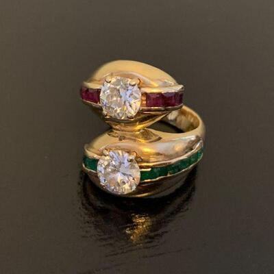 Dual Mine Cut Diamonds Set In 18K With Emeralds And Rubies