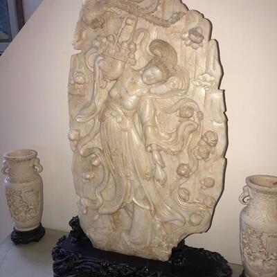 $5000
Stunning Antique Asian Hand Carved Stone 
(Seems to be White Jade or Jadeite) on Clay Base Approx 3 Feet Tall 