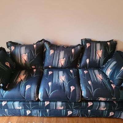 https://ctbids.com/#!/description/share/700617 Blue floral sofa with pink floral design. Includes 2 toss pillows.  Matching loveseat...