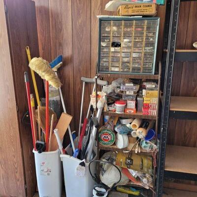 https://ctbids.com/#!/description/share/700628 Assortment of various household items. Includes brooms, mop, paint rollers, nails and so...