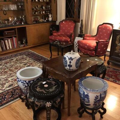 Several blue and white porcelain planter pots