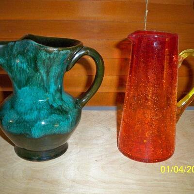 Pottery Pitcher ; Amberina Orange Crackle Glass Pitcher