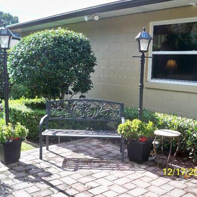 Metal Bench seat ; 2 - Planters each with Solar Light pole