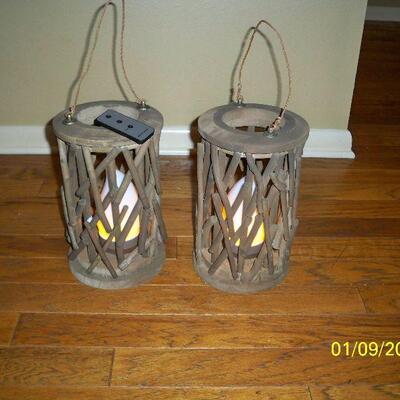 Pair of Barbara King Rustic Twig Lanterns with Tiki Lights includes remote. (Shown lit up)