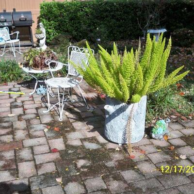 White Metal Chair ; White Metal End Table ; Large Log style planter with Plant.
