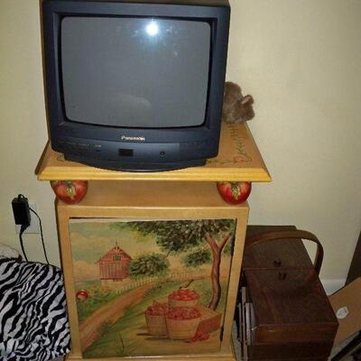 Painted Apple Farm Cabinet ; Black Panasonic 14 inch TV with remote.