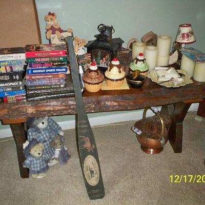 Wood Tree Slab Bench/Coffee Table ; VHS Tapes ; Candles - some battery operated.