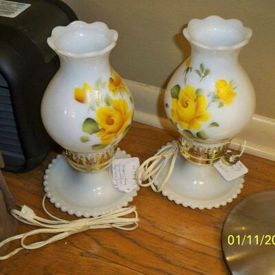 Pair of Vintage Yellow Rose Milk Glass Vanity Lamps