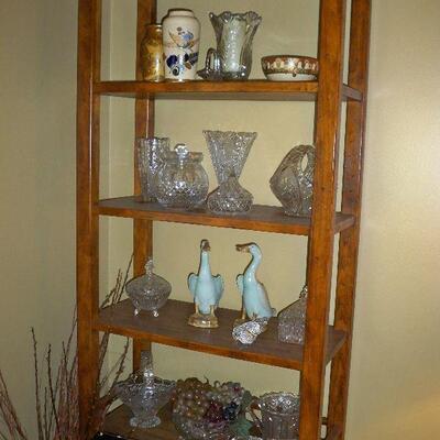 Wood 5 Shelf Curio/Bookcase ; Crystal items ; Decor items.
