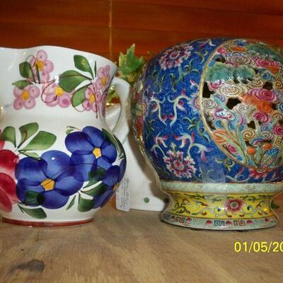 Floral Pitcher ; Asian Candle Holder.