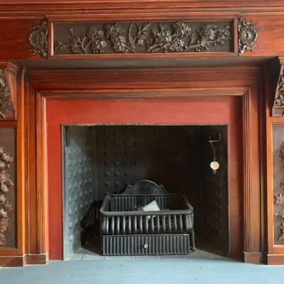 Hand Carved Fireplace Surround Featuring Chrysanthemums, Maple Leaves and Dogwood Flowers