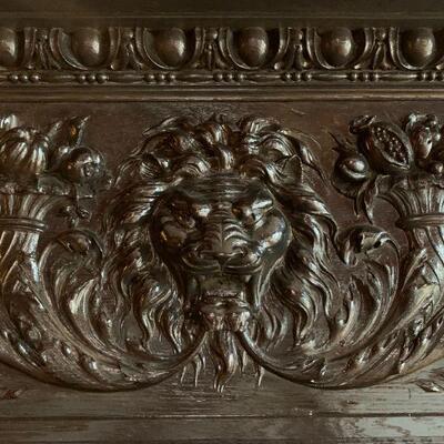 Late 19th Century Hand Carved Fireplace Surround with Roaring Lion Heads