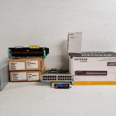 #5210 • 2 Netgear 24 Port 10/100 Mbps Switch, Hp Zl Module, Advanced Management Module And More