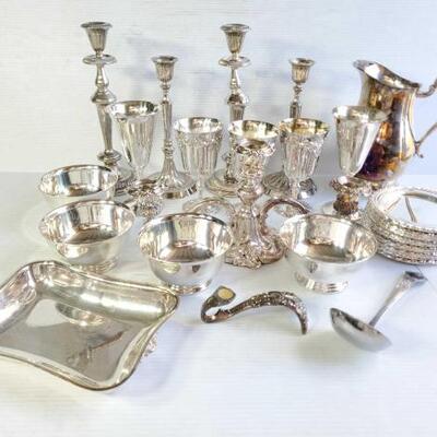 #1244 • Silver Plated Candlestick Holders, Bowls, Plates, Serving Platter, Pitcher, And More