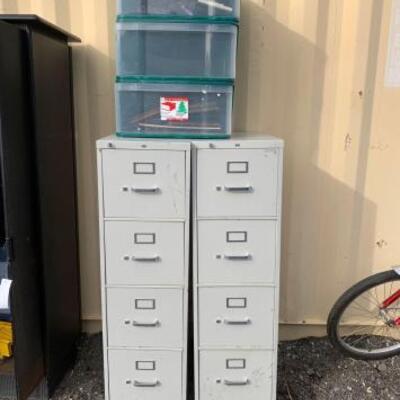 #30100 • 2 Metal Filing Cabinets, Plastic Storage Unit, Keyboards, And Photo Frames