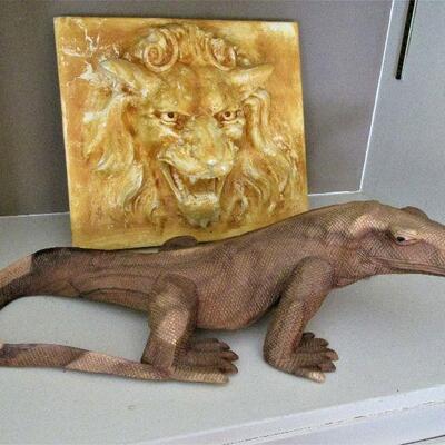 Hand carved Komodo dragon & lion relief