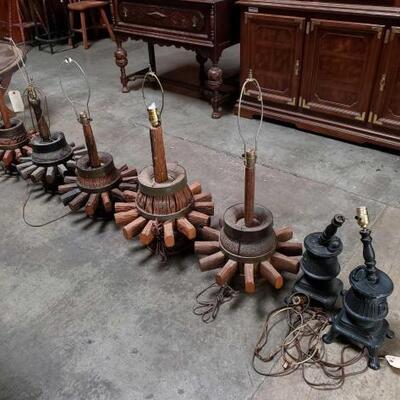 5130 â€¢ Five Wagon Wheel Lamps And Two Replica Cast Iron Lamps
