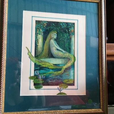 https://www.ebay.com/itm/124540575446	LAR0015 Barbara Yochum framed painting, blue green mermaid turned to side, blue 		Auction
