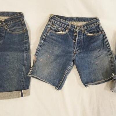 1029	LOT OF TWO PAIRS OF VINTAGE LEVI STRAUSS & COMPANY SELVEDGE SHORTS W/ BIG E & A PAIR OF SMALL CHILD SIZED SELVEDGE JEANS. VARYING...