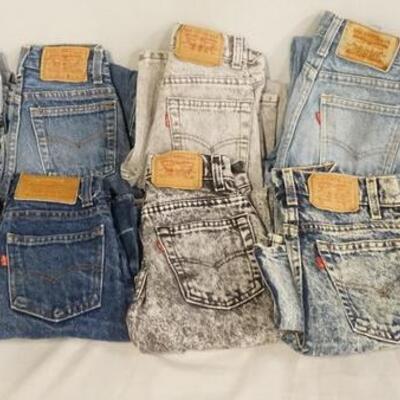 1015	LOT OF TEN PAIRS OF VINTAGE USA LEVI STRAUSS & COMPANY JEANS W/ RED TABS. ALL ARE YOUTH SIZES. TWO SIZES ARE UNKNOWN, THREE ARE SIZE...