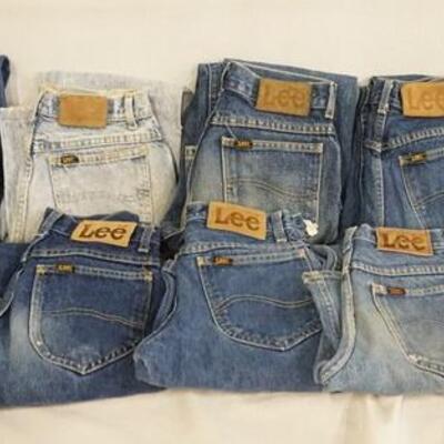 1024	LOT OF TEN PAIRS OF VINTAGE USA MADE LEE JEANS. ALL HAVE A 28 IN WAIST SIZE. VARYING DEGREES OF WEAR 
