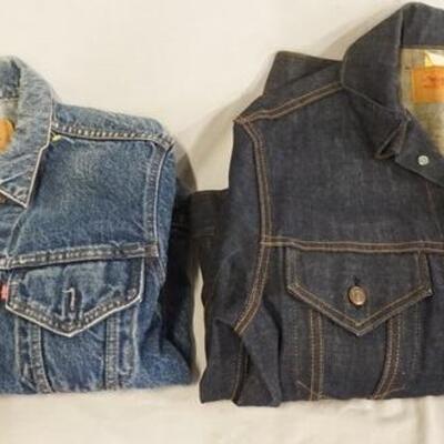 1028	LOT OF TWO VINTAGE USA MADE LEVI STRAUSS & COMPANY DENIM JACKETS, ONE IS SIZE 38 & HAS SOME WEAR ON LEFT SLEEVE, THE OTHER IS SIZE 40 
