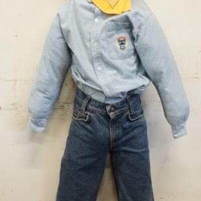 1048	BOY MANNEQUIN CLOTHED IN VINTAGE LEVIS JEANS, A DOCKERS LEVIS SHIRT, BANDANNA & AN OUTBACK TRADING COMPANY COWBOY HAT. HAS NO ARMS &...