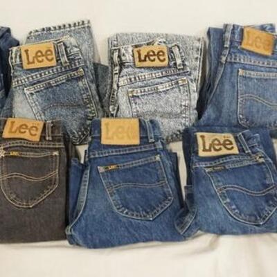 1020	LOT OF TEN PAIRS OF VINTAGE USA MADE LEE JEANS. ALL ARE YOUTH SIZE 12. VARYING DEGREES OF WEAR 
