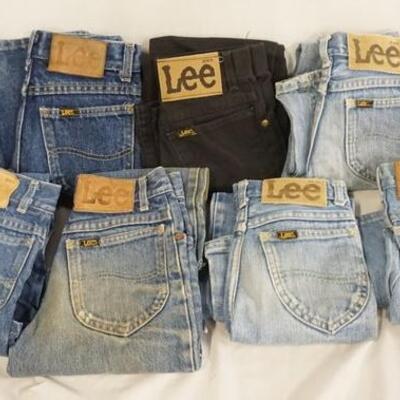 1018	LOT OF NINE PAIRS OF VINTAGE USA MADE LEE JEANS. ALL ARE YOUTH SIZED, SEVEN ARE SIZE 10, TWO ARE SIZE 9. VARYING DEGREES OF WEAR 
