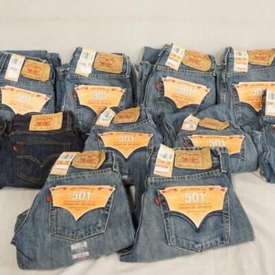 1055	LOT OF 13 PAIRS OF LEVIS JEANS NEW W/ TAGS ALL ARE YOUTH SIZES; TWO ARE SIZE 14, SIX ARE SIZE 12, THREE ARE SIZE 10, ONE IS SIZE 8 &...
