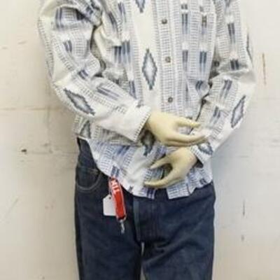 1046	BOY MANNEQUIN CLOTHED IN VINTAGE LEVI STRAUSS & COMPANY SELVEDGE JEANS. MANNEQUIN IS APP. 57 IN TALL & IS ALSO WEARING A BUGLE BOY...