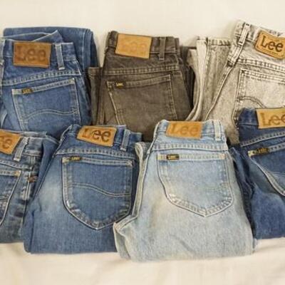 1023	LOT OF NINE PAIRS OF VINTAGE USA MADE LEE JEANS. ALL HAVE A 27 IN WAIST SIZE. VARYING DEGREES OF WEAR
