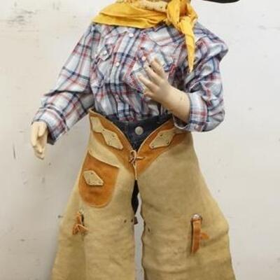 1047	YOUNG BOY MANNEQUIN CLOTHED IN VINTAGE LEVI'S JEANS, CHAPS, BANDANNA, DABBY ON DABBY SHIRT & A SHEPLERS COWBOY HAT. MANNEQUIN IS...