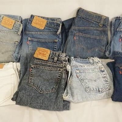 1077	LOT OF EIGHT PAIRS OF VINTAGE LEVIS JEANS. SIZES ARE; 33 X32,34 X 30, 32 X 30, 32 X 32, 31 X 32, 34 X 32, & TWO ARE SIZE 30 X 30....