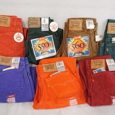 1058	LOT OF SEVEN PAIRS OF VINTAGE LEVIS NEW W/ TAGS, ALL ARE YOUTH SIZES. TWO ARE SIZE 8, TWO ARE SIZE 11 THE OTHERS ARE SIZES 10, 12 & 9 
