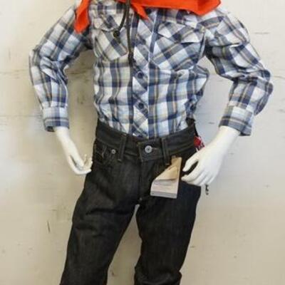 1070	BOY MANNEQUIN CLOTHED IN LEVIS JEANS, BK SNEAKERS (HEAVILY DAMAGED) OLD NAVY SHIRT BOOT HILL HAT & BANDANNA. APP. 53 IN TALL....