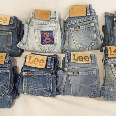 1017	LOT OF EIGHT PAIRS OF VINTAGE USA MADE LEE JEANS. CHILDRENS SIZES 4,5 & 6. VARYING DEGREES OF WEAR 
