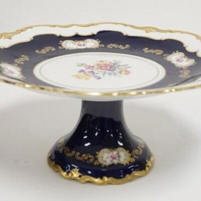 1101	EAST GERMAN DECORATED PORCELAIN CAKE PLATE  TRIMMED IN COBALT BLUE & GOLD. 13 IN DIAMETER 6 IN H 	50	100	20	PLEASE PAY ATTENTION FOR...