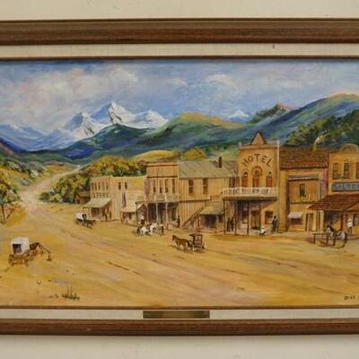 1049	OIL ON BOARD BY DEICK SCHISLER TITLED WESTERN TOWN, 34 IN X 19 IN OVERALL

