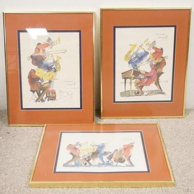 1103	THREE SIGNED MEISMAN PRINTS OF NEW ORLEANS JAZZ MUSICIANS 1976 IN MATCHING BRASS FRAMES & DOUBLE MATTED. 14 1/4 IN X 18 1/4 IN...