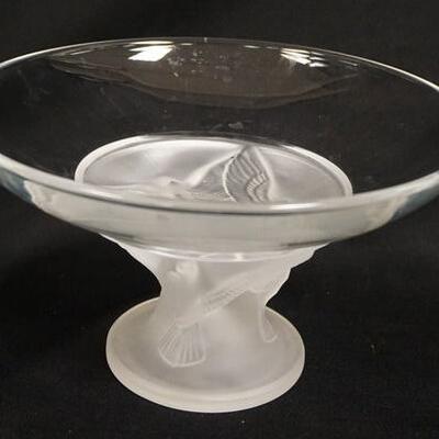 1091	SASIKI COMPOTE W/ FROSTED BIRD BASE, SIGNED LALIQUE INN SCRIPT ON THE BASE 9 3/4 IN DIAMETER 5 1/2 IN H W/QUESTIONABLE LALIQUE...