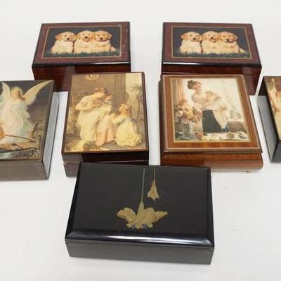 1128	GROUP OF 7 MUSICAL JEWELRY BOXES W/ DECORATED LIDS AVERAGE SIZE IS 7 1/4 X 5 1/2 IN 2 5/8 IN H 	70	150	25	PLEASE PAY ATTENTION FOR...