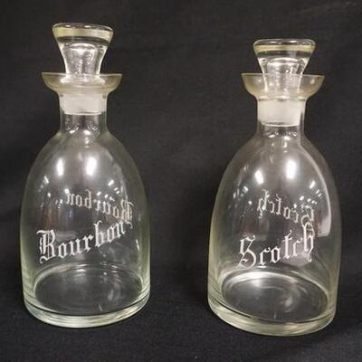 1009	ANTIQUE BOURBON & SCOTCH DECANTERS, ETCHED ON BOTH SIDES, 9 IN HIGH
