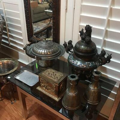 Antique Brass Box, Persian Candle Sticks, Antique Champleve Enameled Asian Urn