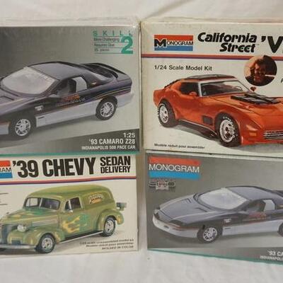 1052	LOT OF 4 MONOGRAM MODEL CAR KITS, CAMARO, 39 CHEVY SEDAN, CALIFORNIA STREET VETTE, KITS ARE POSSIBLY COMPLETE, NOT GUARANTEED	50	100...