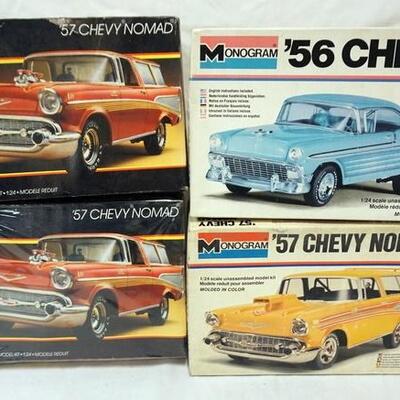 1071	LOT OF 4 MODEL CAR KITS, 56-57 CHEVY. KITS ARE POSSIBLY COMPLETE, NOT GUARANTEED	50	100	10	PLEASE PAY ATTENTION FOR DAILY ADDITIONS...