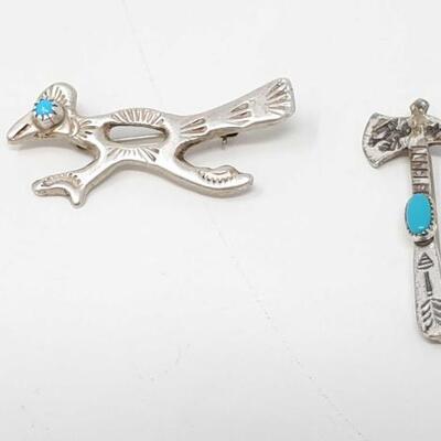 #2084 â€¢ Roadrunner Turquoise Sterling Silver Pin, and Sterling Silver Turquoise Axe- 6.4g