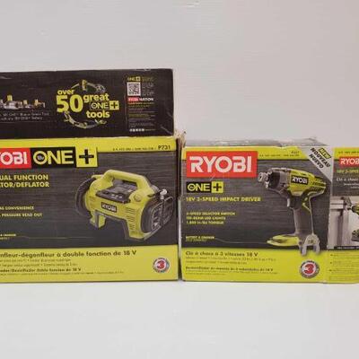 #8344 â€¢ Ryobi 18V Dual Function Inflator/Deflator, Ryobi 18V 3-Speed Impact Driver, and Ryobi Battery Charger
